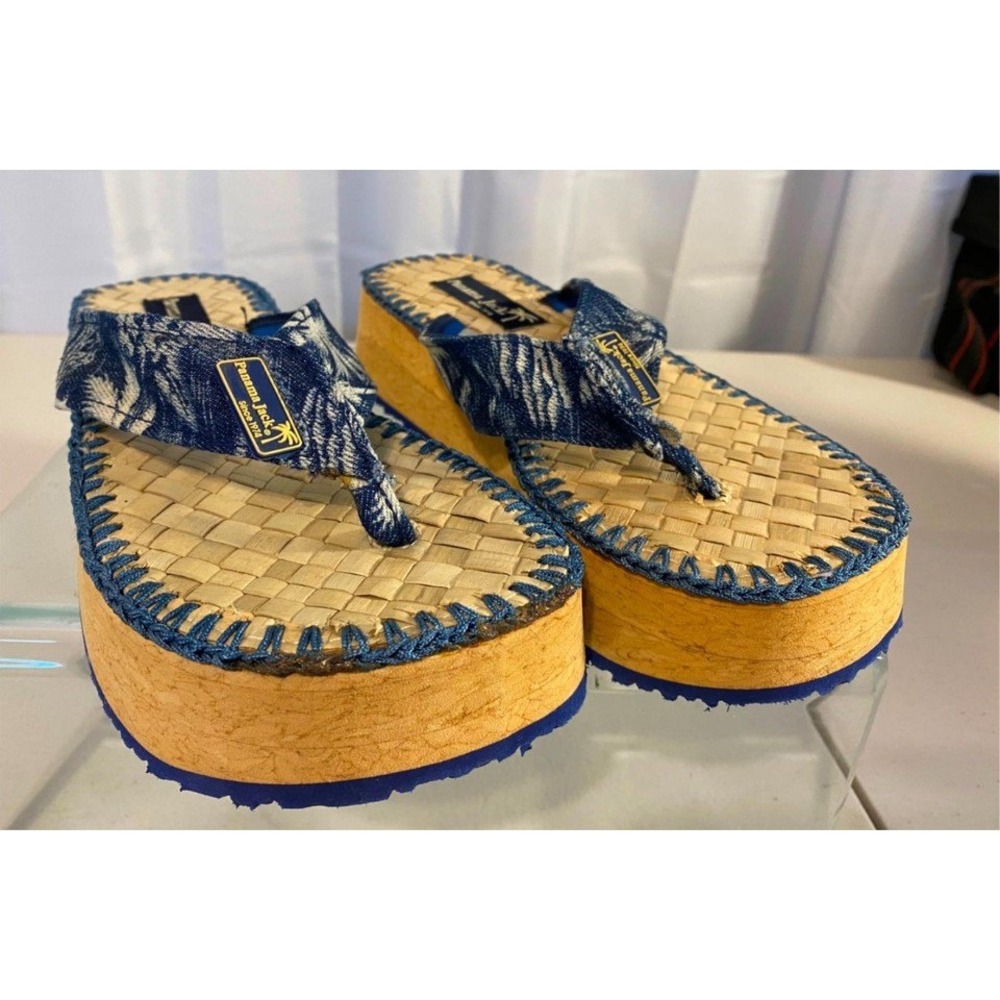 Panama Jack Platform Flip Flops Blue Palm Tree Woven Straw Sandals Womens